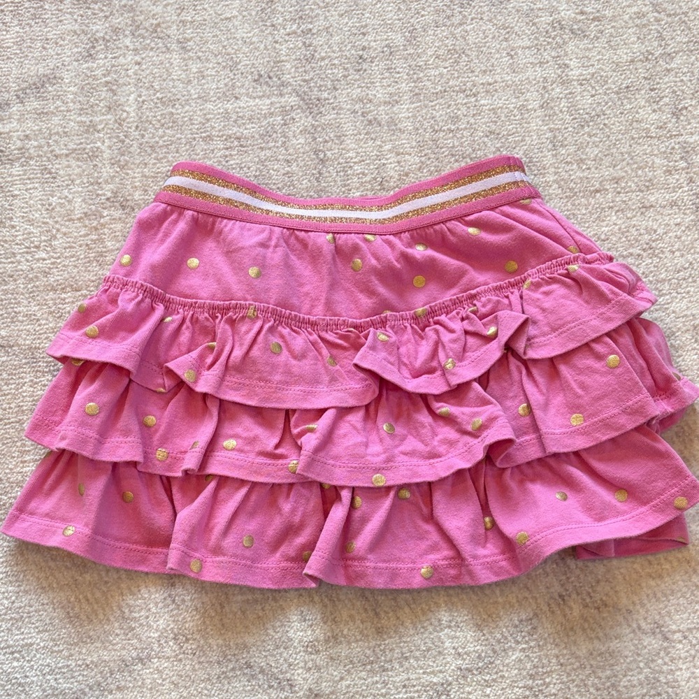 Boden Girls Pink Tiered Ruffle Skort with Gold Polka Dots